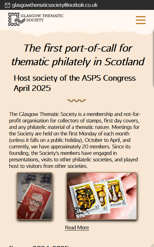 Screenshot of the Glasgow Thematic Society website, built by B&E Web.